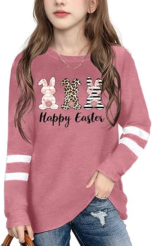 Ithalt Kids Easter Shirts for Girls Cute Bunny Graphic Tshirt Easter Long Sleeve
