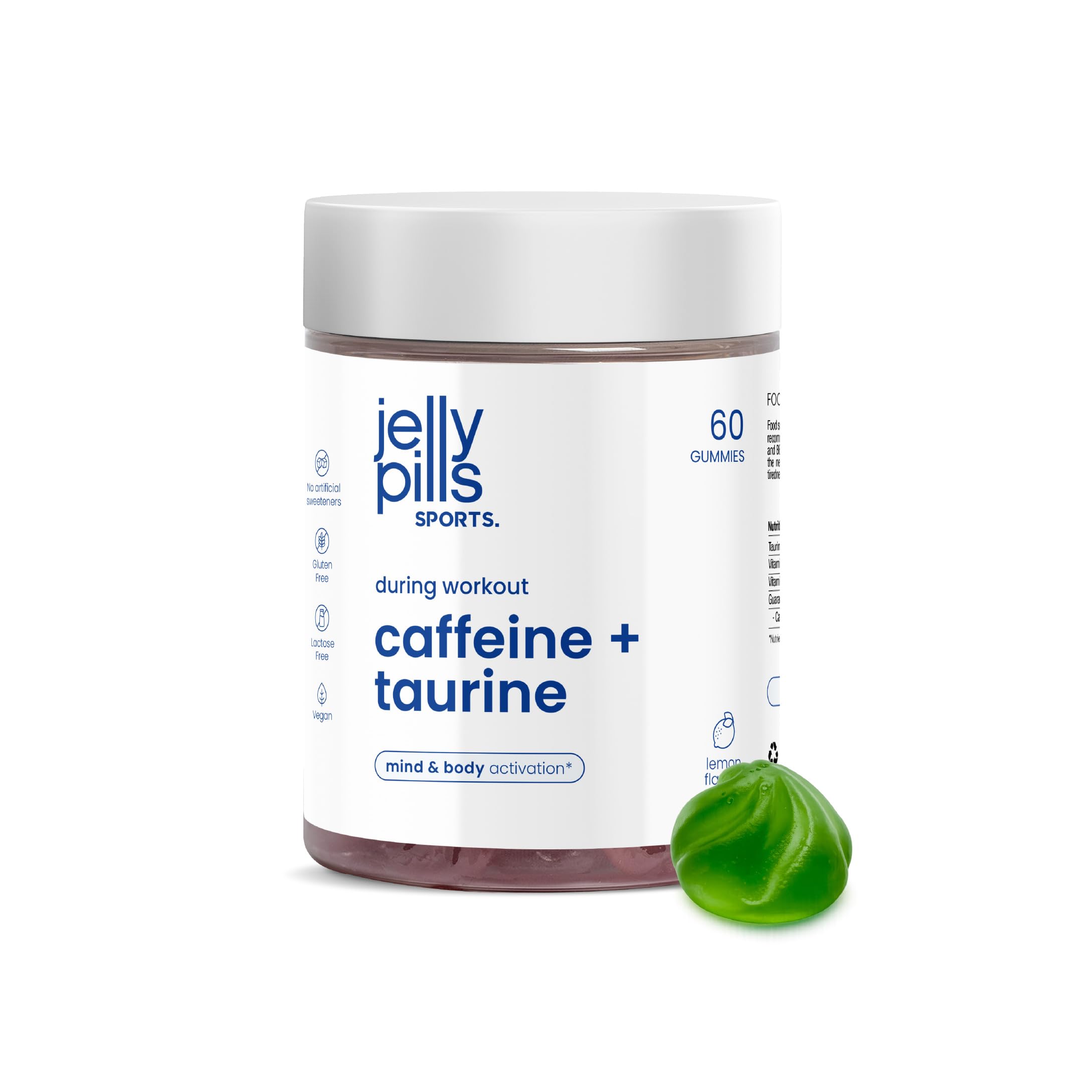 Gummies Caffeina con Taurina e Guaranà - Energia e Focus Mentale - 60 Gummies Vegane - Senza Zuccheri Aggiunti - Gusto Limone Naturale - Performance Sportiva - Jelly Pills Sports - per 1 mese