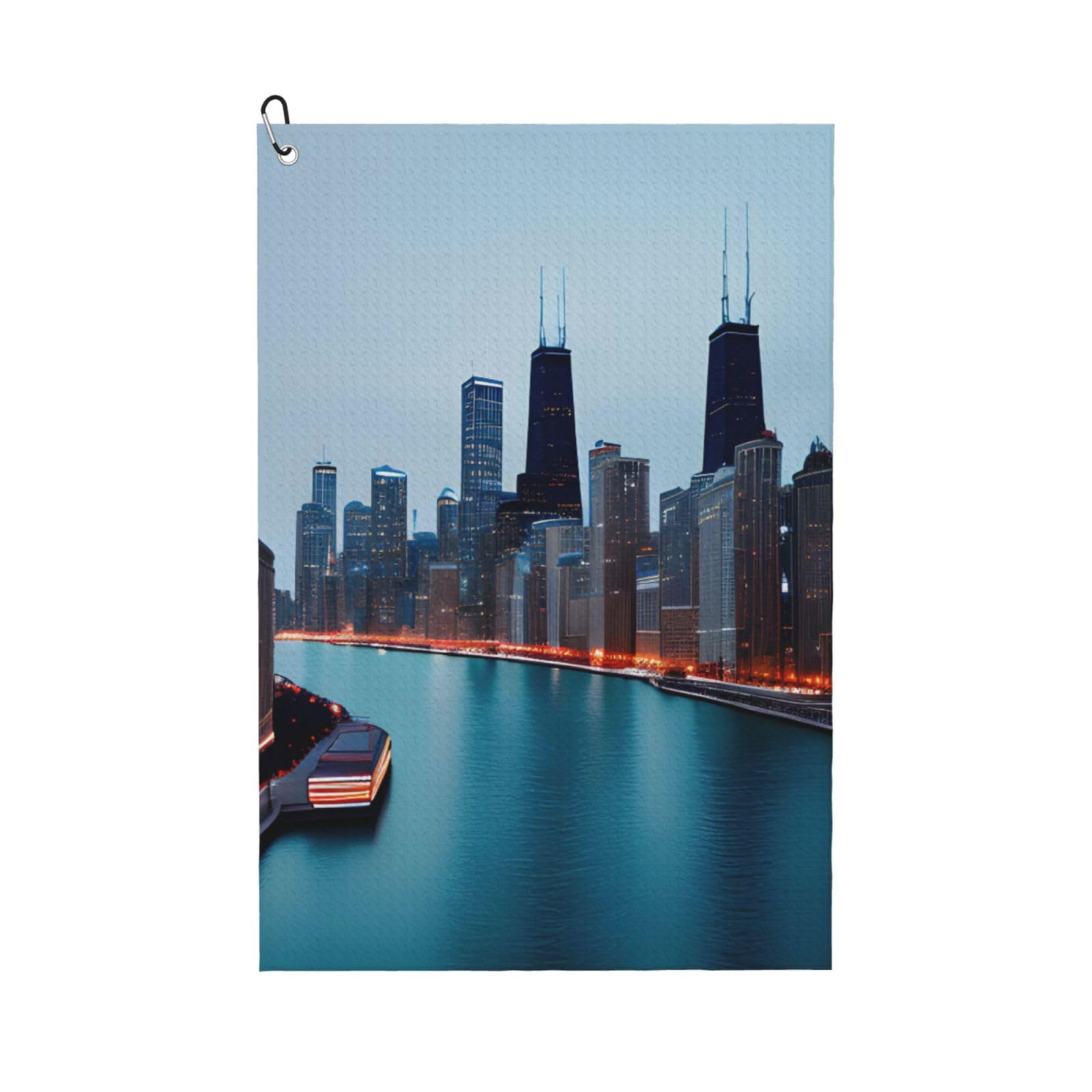 aacxzff Quick-Drying Microfiber Chicago Print Golf Towel with Integrated Carabiner Clip for Unisex 16x24in
