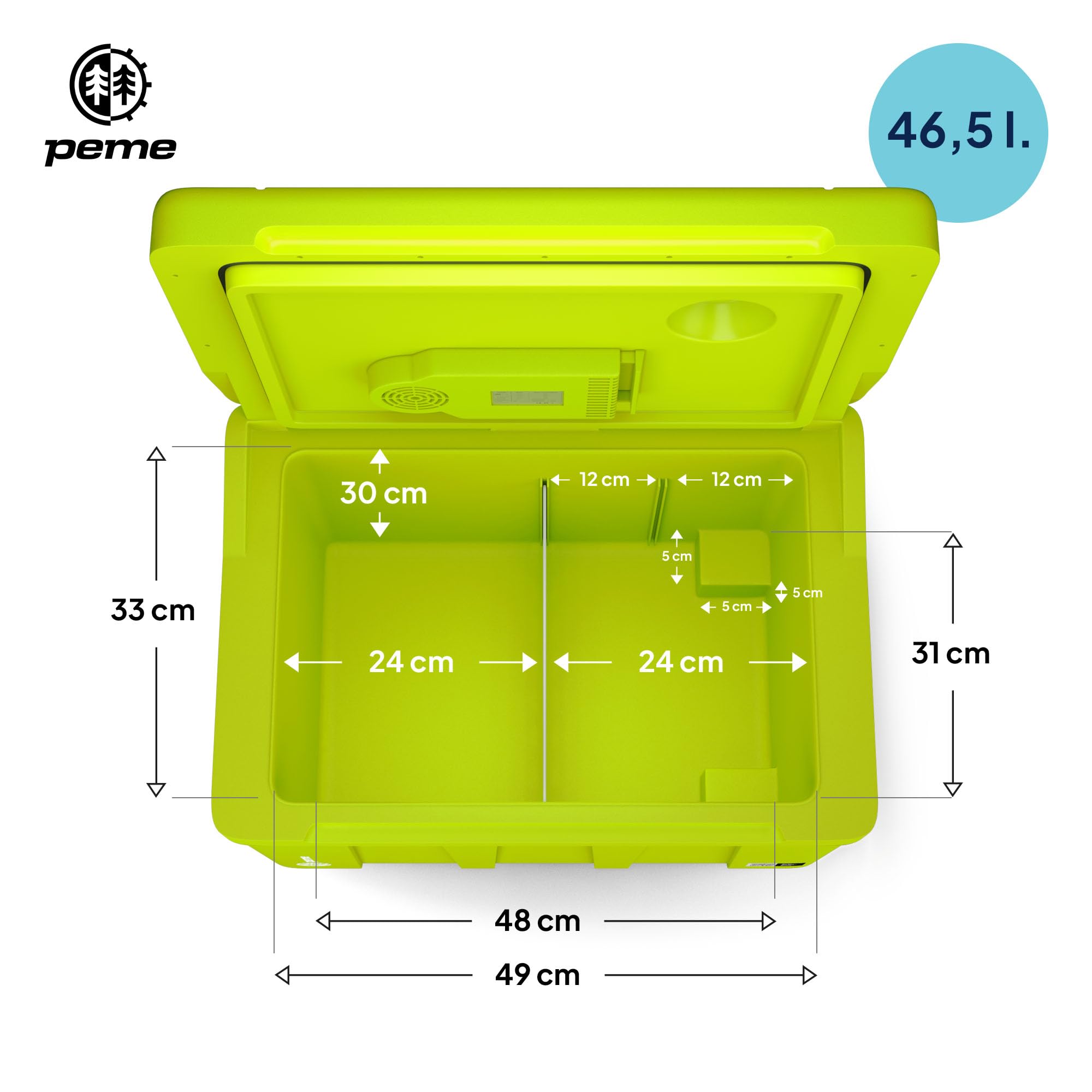 peme Essential Elektryczna Lodówka Turystyczna 46,5L - Chłodzenie i Podgrzewanie Podwójne Zasilanie 12V & 240V Tryb Eco Kółka i Rączka Cicha Praca do Samochodu Kempingu - Essential XL 50 Neon Jungle