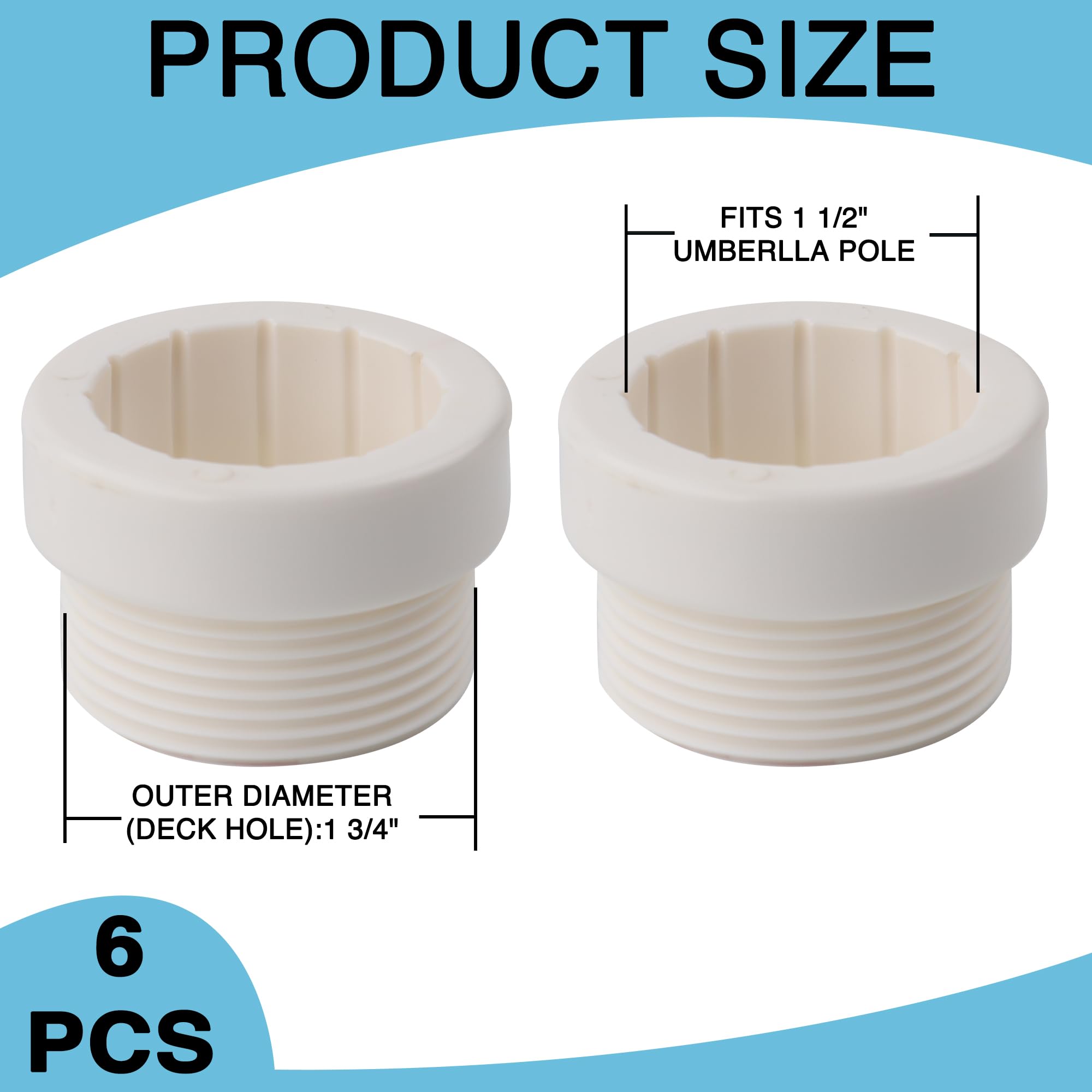Pack of 6 White Pool Umbrella Stabilizer Adapter Sleeves, Fits 1 3/4 Inch Umbrellas, UV and Corrosion Resistant 2