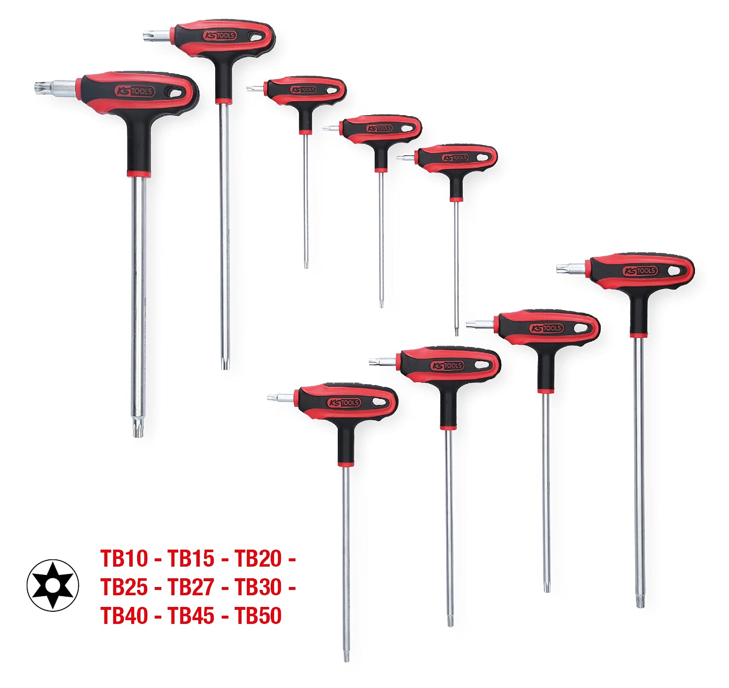 KS Tools 151.8160 Juego de llaves acodadas Torx con mango en T y orificio, 9 pzsTB10-TB50