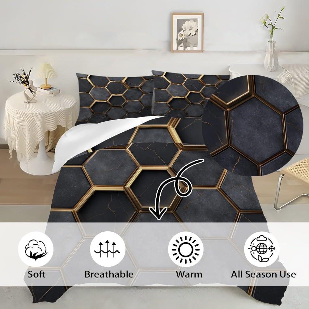 Zestaw pościeli 3D 240 x 220 cm sztuka geometryczna plaster miodu 3-częściowy zestaw poszewek na kołdrę miękka i wygodna czarna mikrofibra poszwa na kołdrę dla dzieci dorosłych