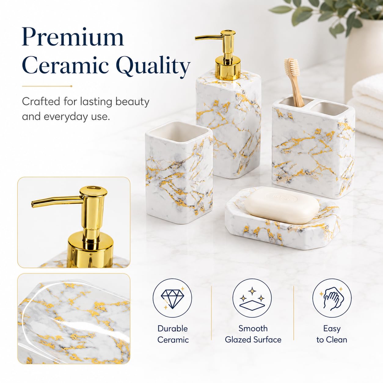 Juego de accesorios de baño de 4 piezas – El juego de accesorios de baño blanco incluye dispensador de loción, soporte para cepillo de dientes y jabonera, acabado brillante (mármol, blanco)