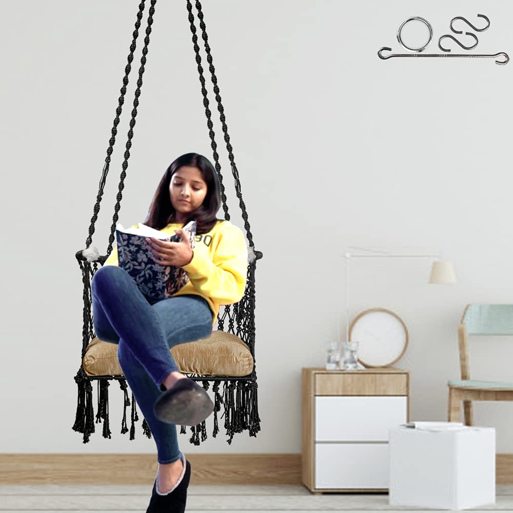Patiofy Adults, Kid's Premium Cotton C-Swing Hanging Chair With Golden Color Cushion And Accessories (Black, 84 Cm, 51 Cm, 2.5 Cm)