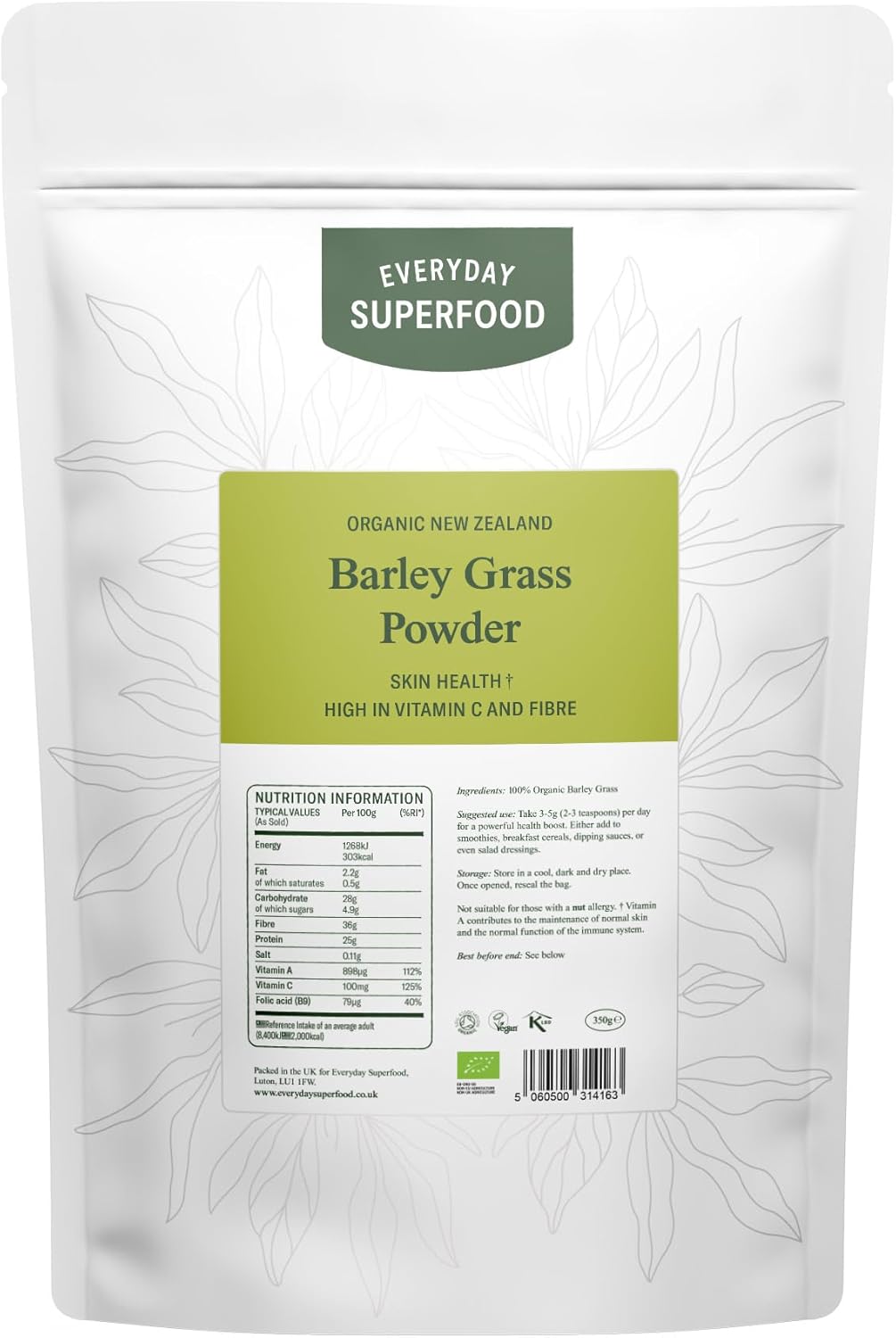 Everyday Superfood Organic New Zealand Barley Grass Powder 350g, Green Fine Milled Barley Grass Ideal in Juice and Smoothies