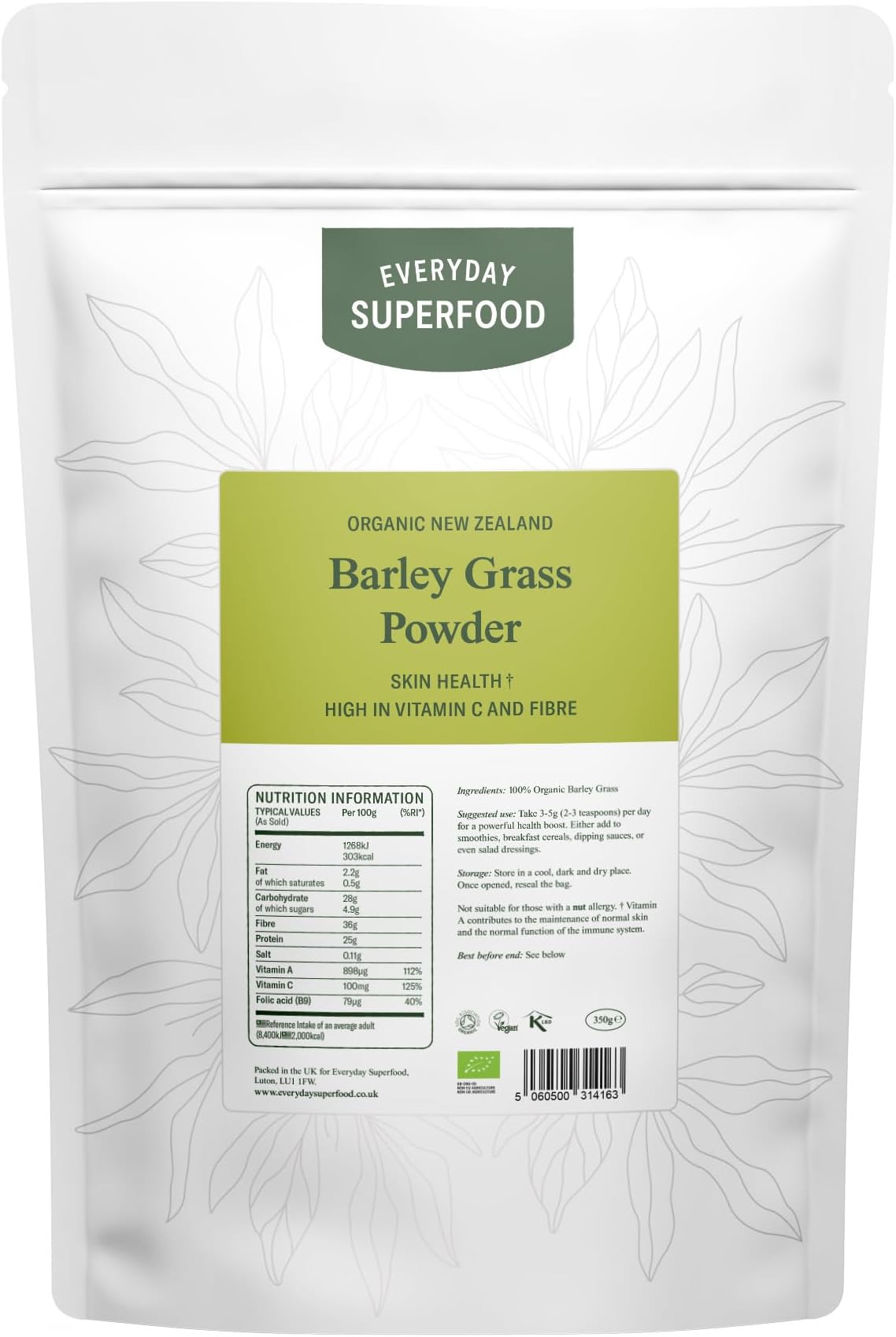 Organic New Zealand Barley Grass Powder 350g, Green Fine Milled Barley Grass Ideal in Juice and Smoothies