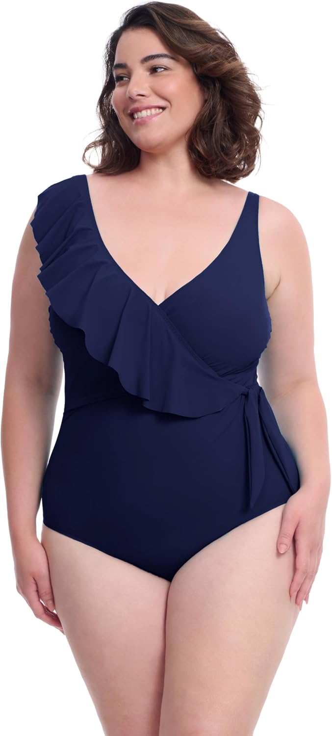 Profile by Gottex Womens Plus Size V-Neck One Piece Swimsuit with Asymmetrical Ruffle Surplice, Soft Cups,Tummy Control