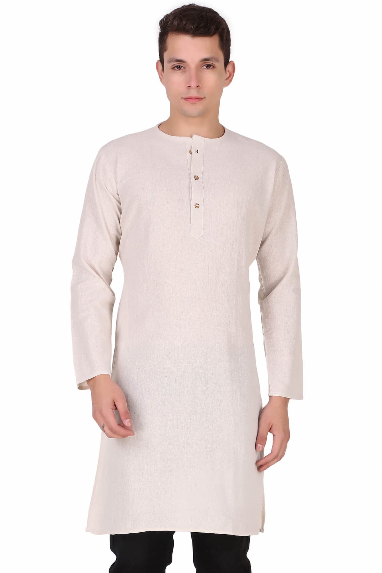 Men's Handloom Cotton Solid Round Neck Kurta Long Sleeves Knee Length Casual Shirt