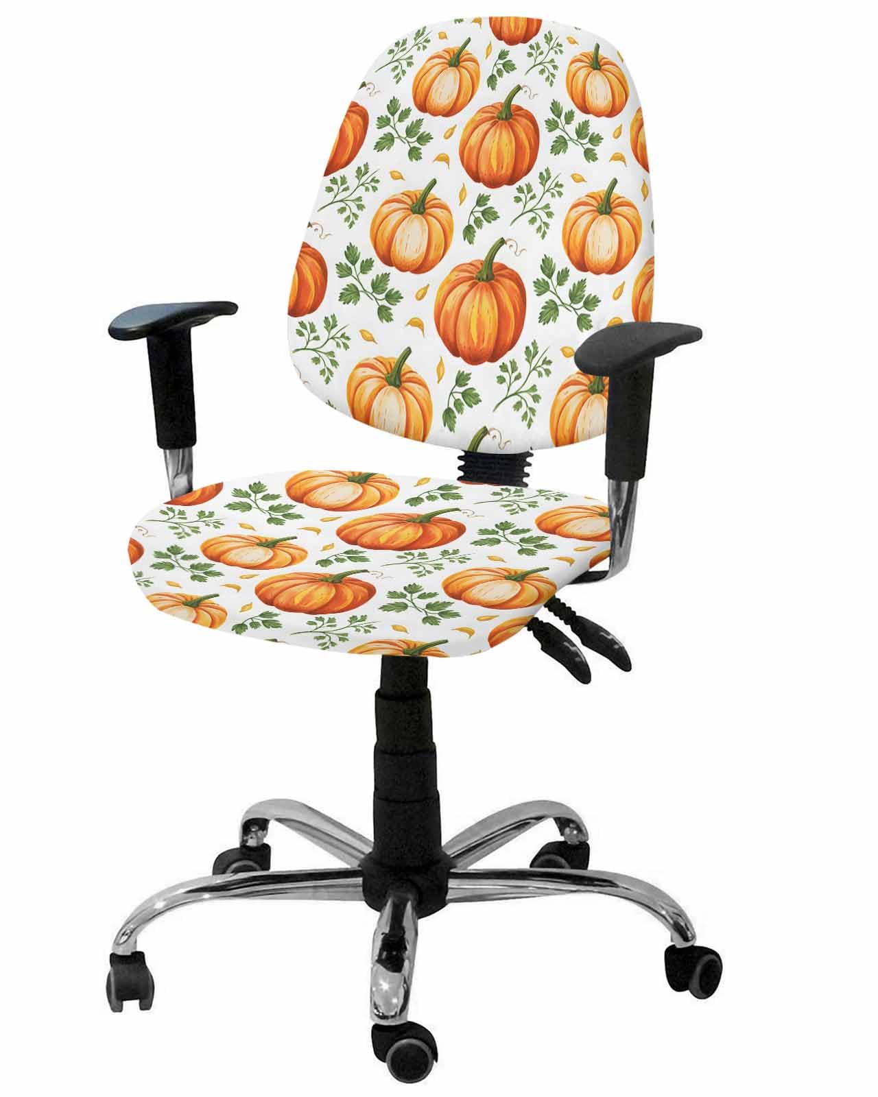 Fall Orange Pumpkin 2 Pieces Computer Office Chair Covers Set,Stretchable Desk Rotating Chair Seat Cushion Slipcover Back Covers,Watercolor Farmhouse Plants Leaves Slipcover Back Cover Protector Cover