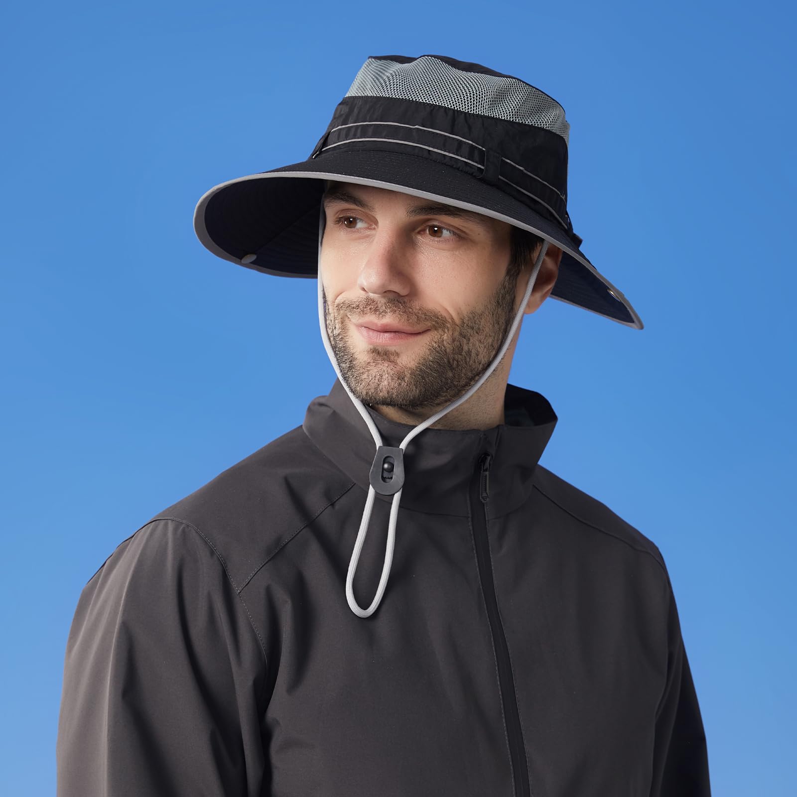 Huakunda Mens Wide Brim Sun Hat Mesh UV Protection Safari Hats Foldable Boonie Hat FishingHat for Hiking Camping Garden (US, Alpha, One Size, Black)