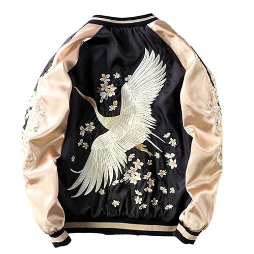 USTZFTBCL Sukajan Crane Embroidery Baseball Jacket Double-Sided Satin Bomber,Harajuku Style Black M