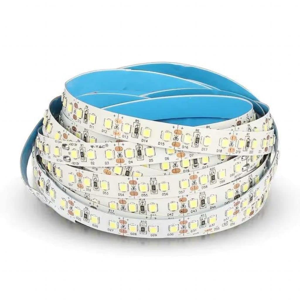 V-TAC Ruban LED bobine de 5 mètres 12 W au mètre ruban lumineux SMD 2835 Couleur de la lumière blanche naturelle 4000 K d'intérieur avec bande adhésive, alimenté à 12 V.