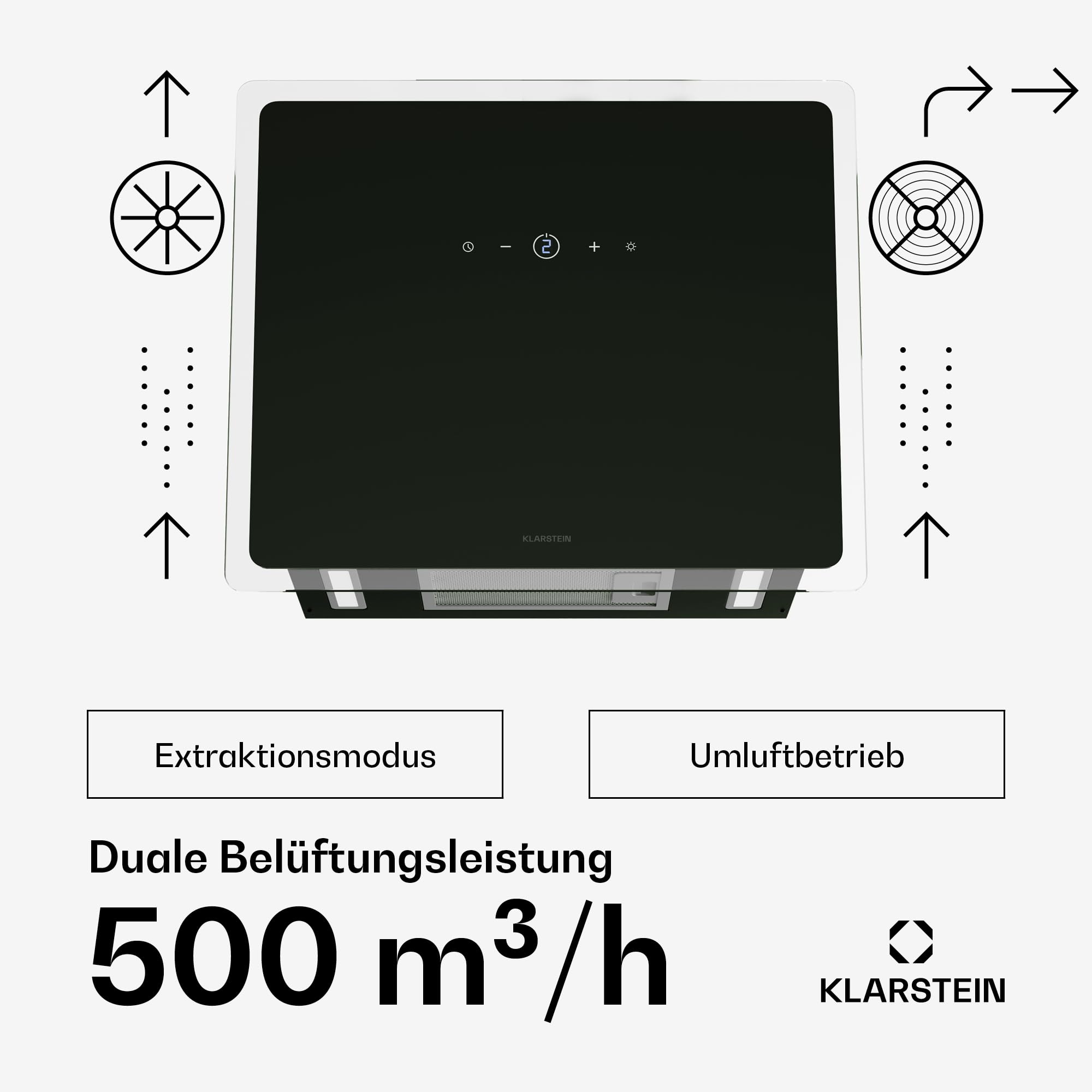 Klarstein AlizeEdge Dunstabzugshaube - 60 cm Wandhaube, Flaches Design, Touch-Steuerung, 487 m³/h Luftdurchsatz, A+ Energieeffizienz, LED-Beleuchtung, Leise 38 dB, Abluft & Umluft, Schwarz