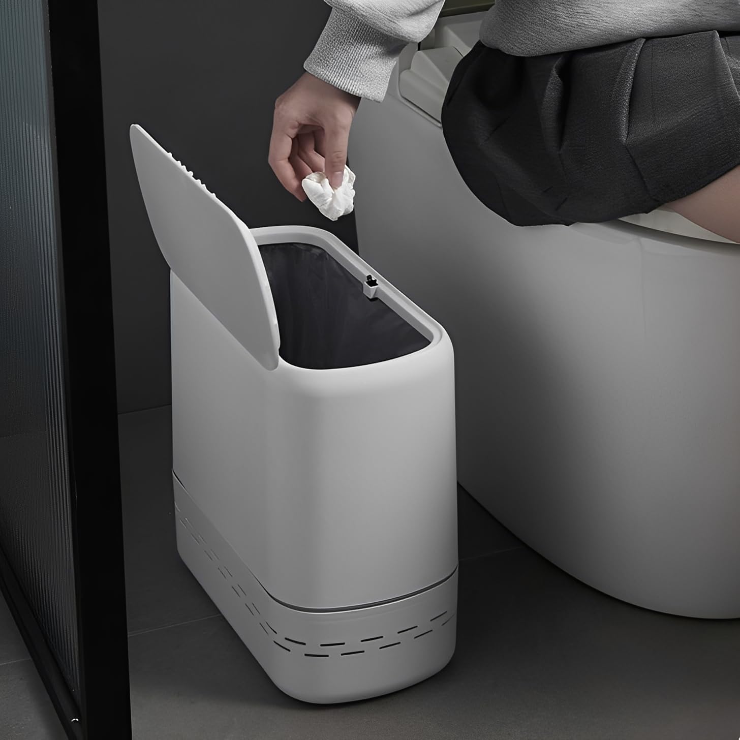 Sooyee Bathroom Trash Can with Lid, 2.4 Gallon Slim Trash Bin, Small Plastic Waste Basket, 10 L Narrow for Bedroom, Kitchen, Office, White - Image 5