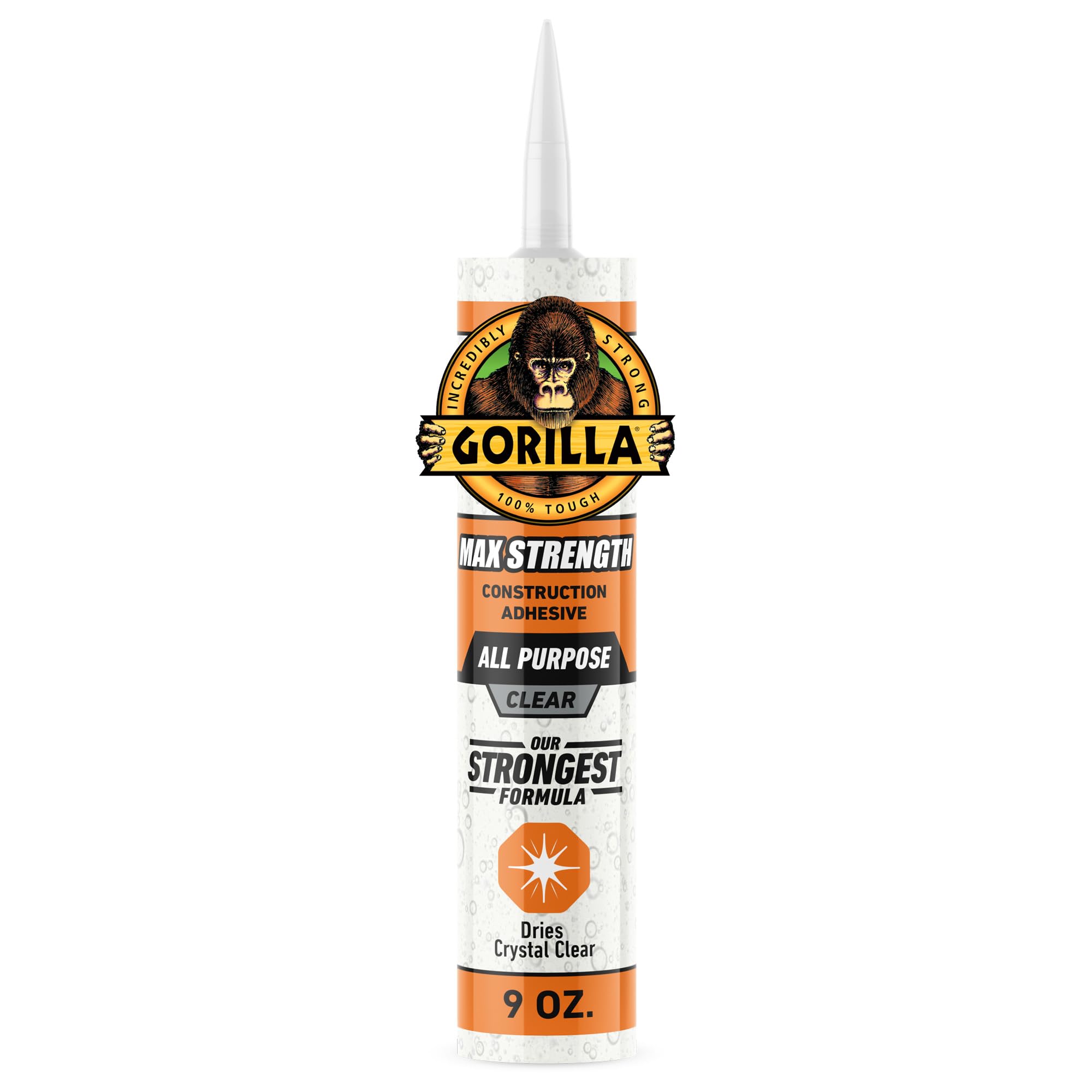 Gorilla Max Strength Clear Construction Adhesive, 9 Ounce Cartridge, Clear, (Pack of 1)