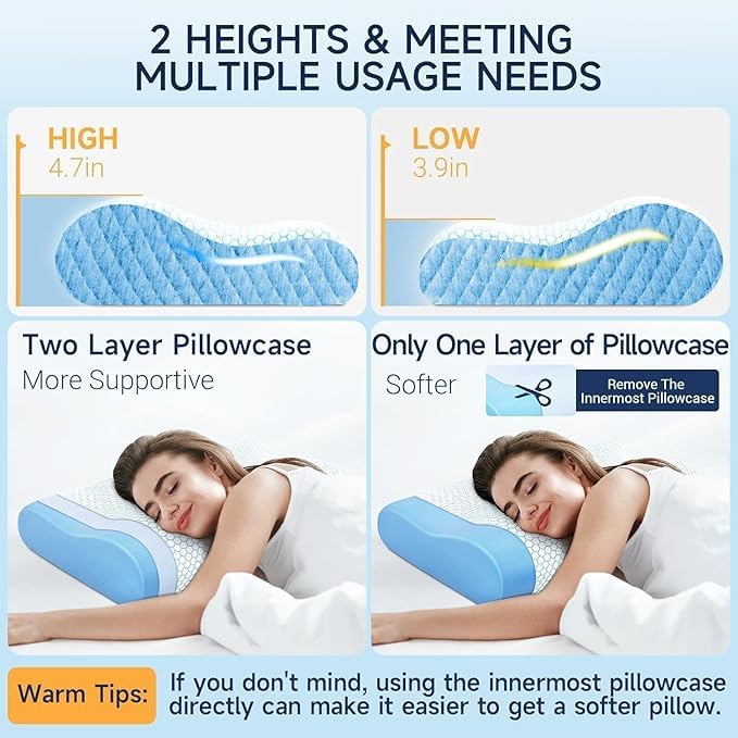 Image of KITCHIVO Memory Foam Pillow, Contour Cervical Orthopedic Memory Foam Pillows Supports Neck Pain and Shoulder Pain for Sleepin Cervical Pillow Neck Support Pillow for Side Back (White & Blue)