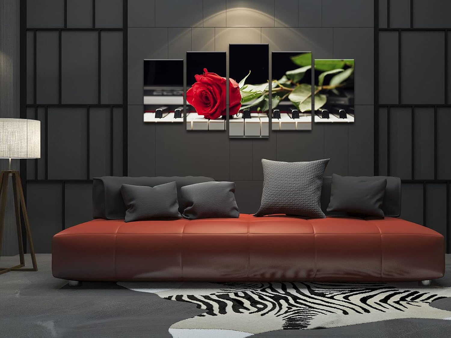 Wieco Art Red Rose on Piano Modern 5 Panels Stretched and Framed Floral Giclee Canvas Prints Artwork Flowers Music Pictures Paintings on Canvas Wall Art for Bedroom Kitchen Home Decorations