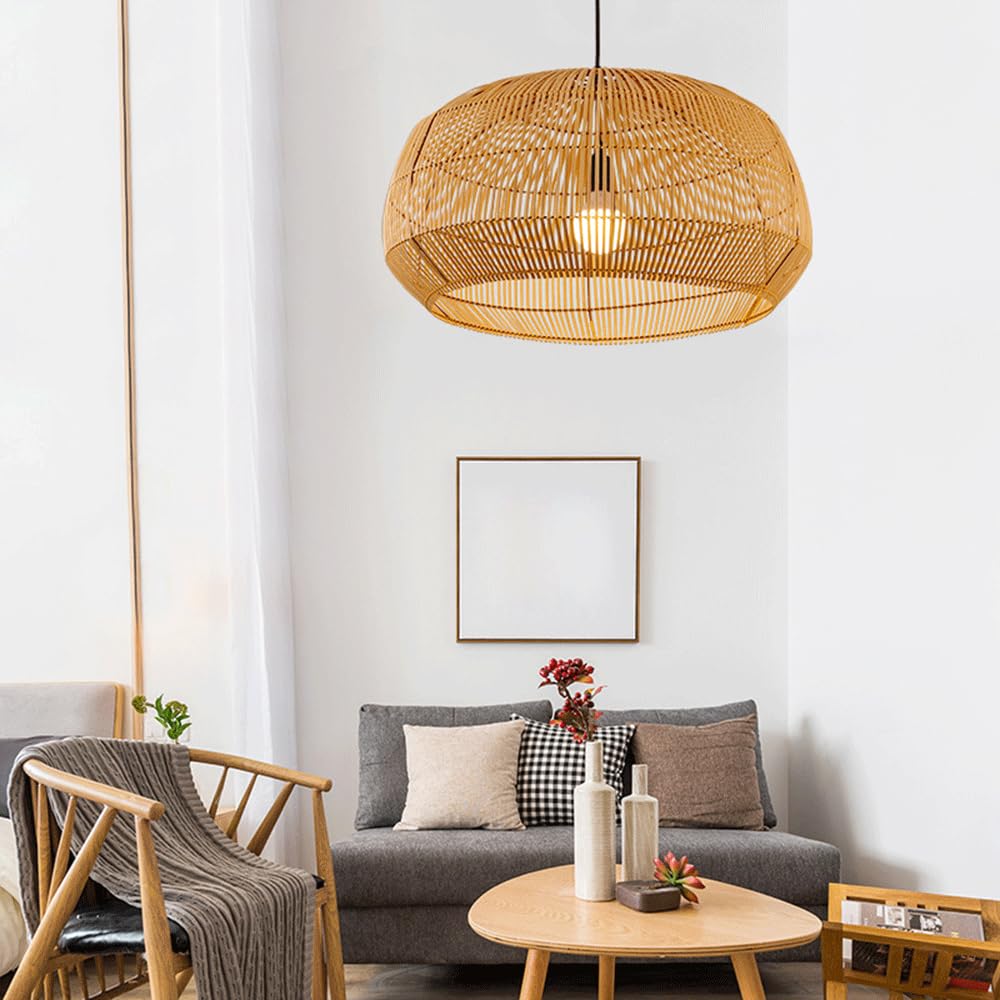 Ręcznie pleciona bambusowa lampa wisząca w stylu vintage, z regulowanym kablem wiszącym, styl boho, naturalna sztuka bambusowa, idealna do sypialni lub salonu. Lampa wisząca E27.