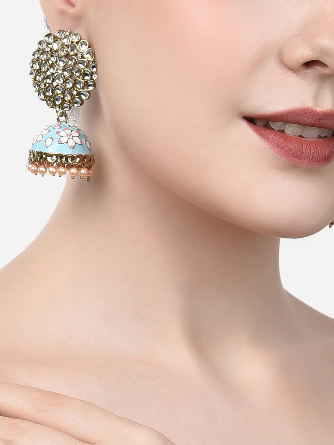 Turquoise-Pink Meenakari Kundan Ethnic Jhumki Earrings