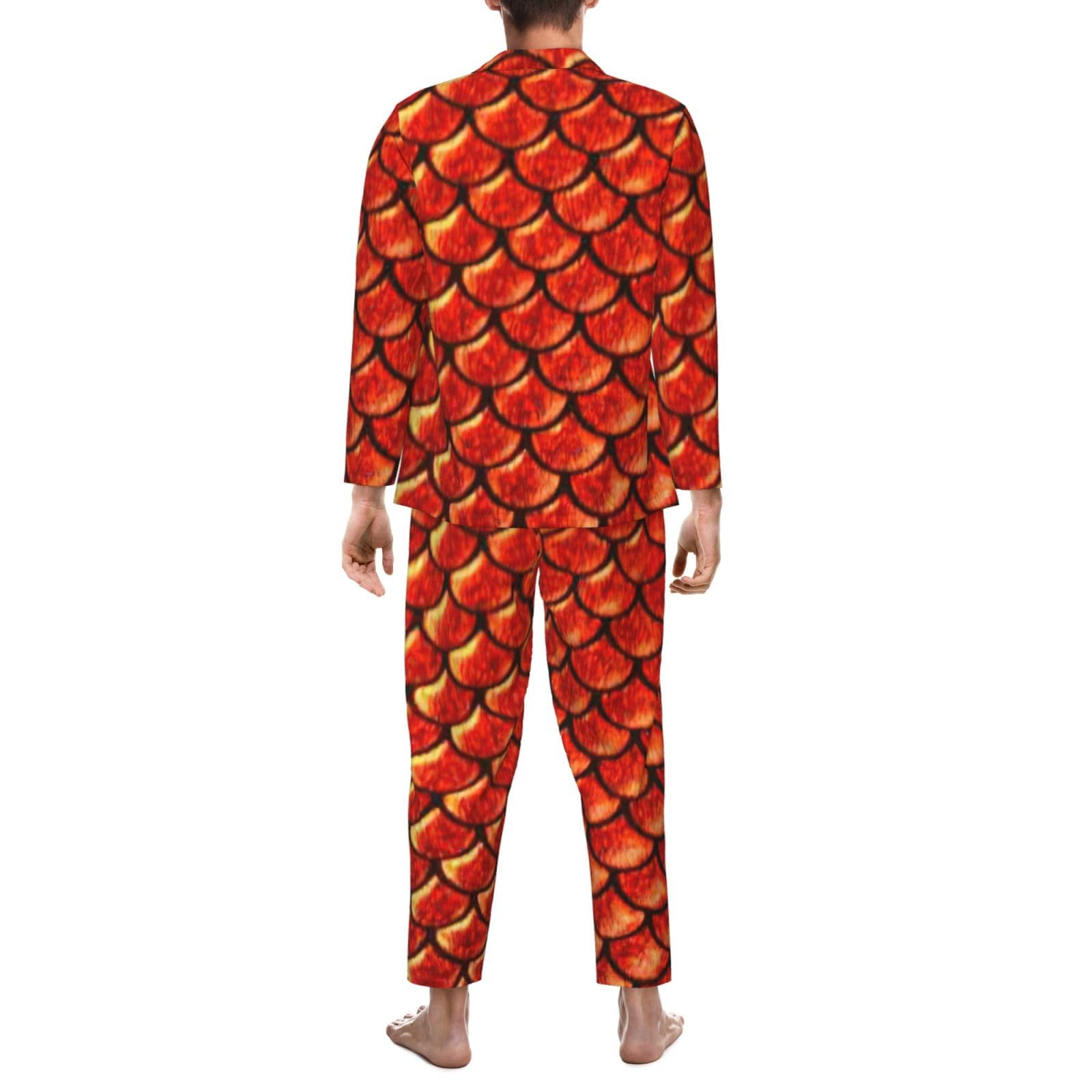Set pigiama a maniche lunghe da uomo con stampa a squame di pesce rosso, pigiama, due pezzi, per casa, viaggi, lounge, pantaloni