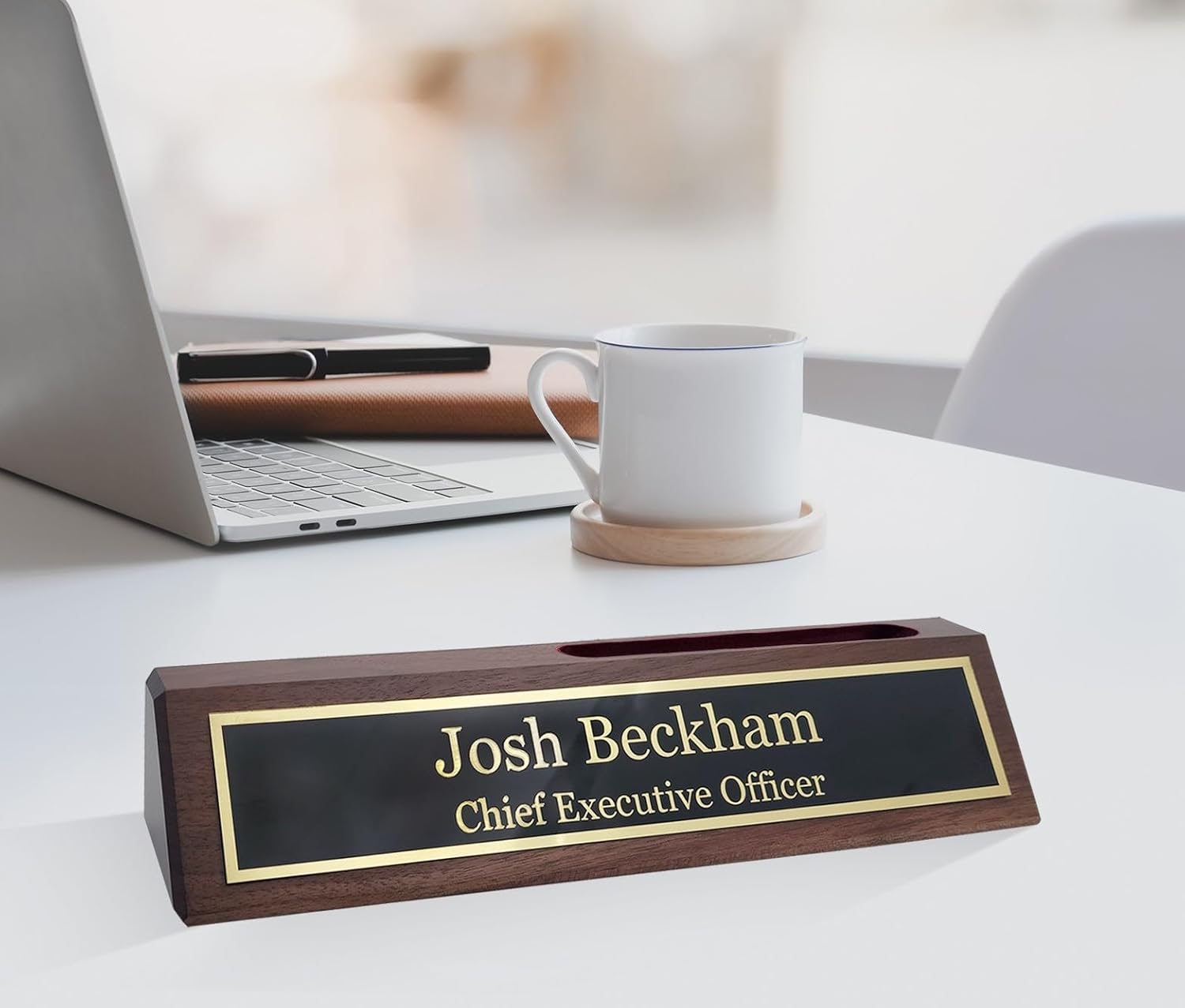 Business Wood Name Plate for Desk | Custom Desk Name Plate Personalized Gift for Office, The Perfect Engraved Name Plaque By Engraving International (2" x 10" With Right Side Card Holder, Walnut Wood)