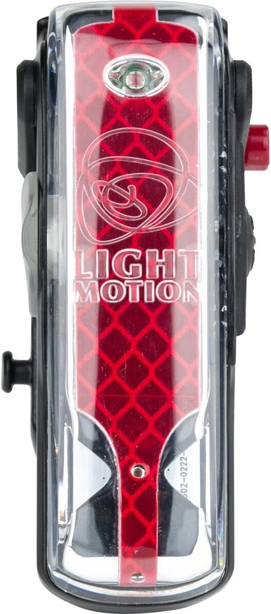 Front view of the Light & Motion Vis 180 Pro taillight, highlighting its red main light and amber side lights.