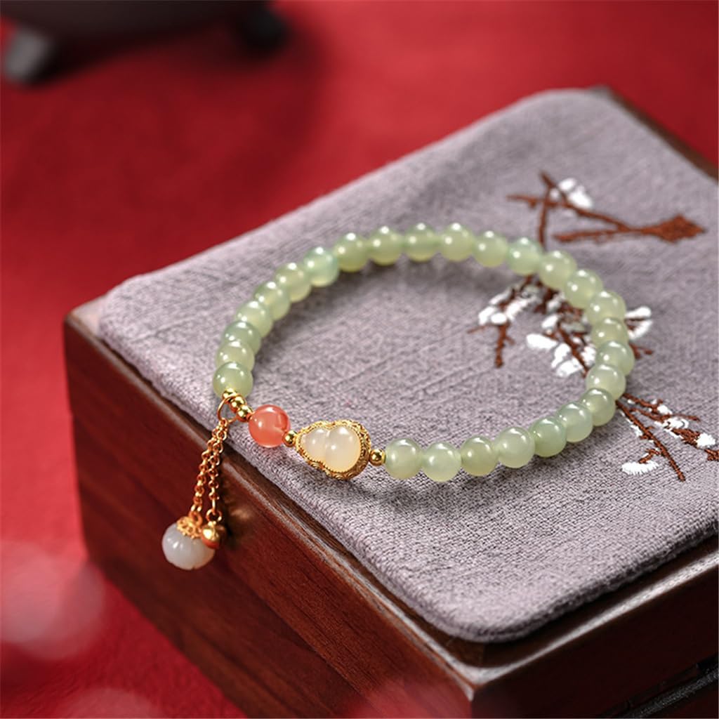 Pulsera de Transferencia Guofeng Fu Lu, Mano de Plata 925 y Cuerda de Mano con Borla de Calabaza de Jade hetiano