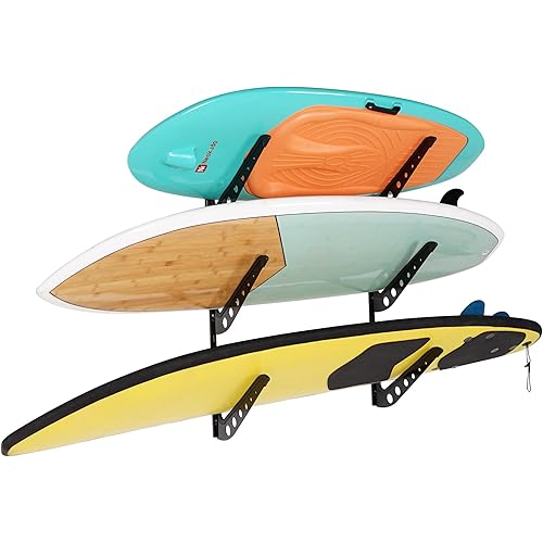 3 Board Surf Rack Wall Mount for Surfboard, Wakeboard, Snowboard Storage Adjustable Wall Hangers Boards Display