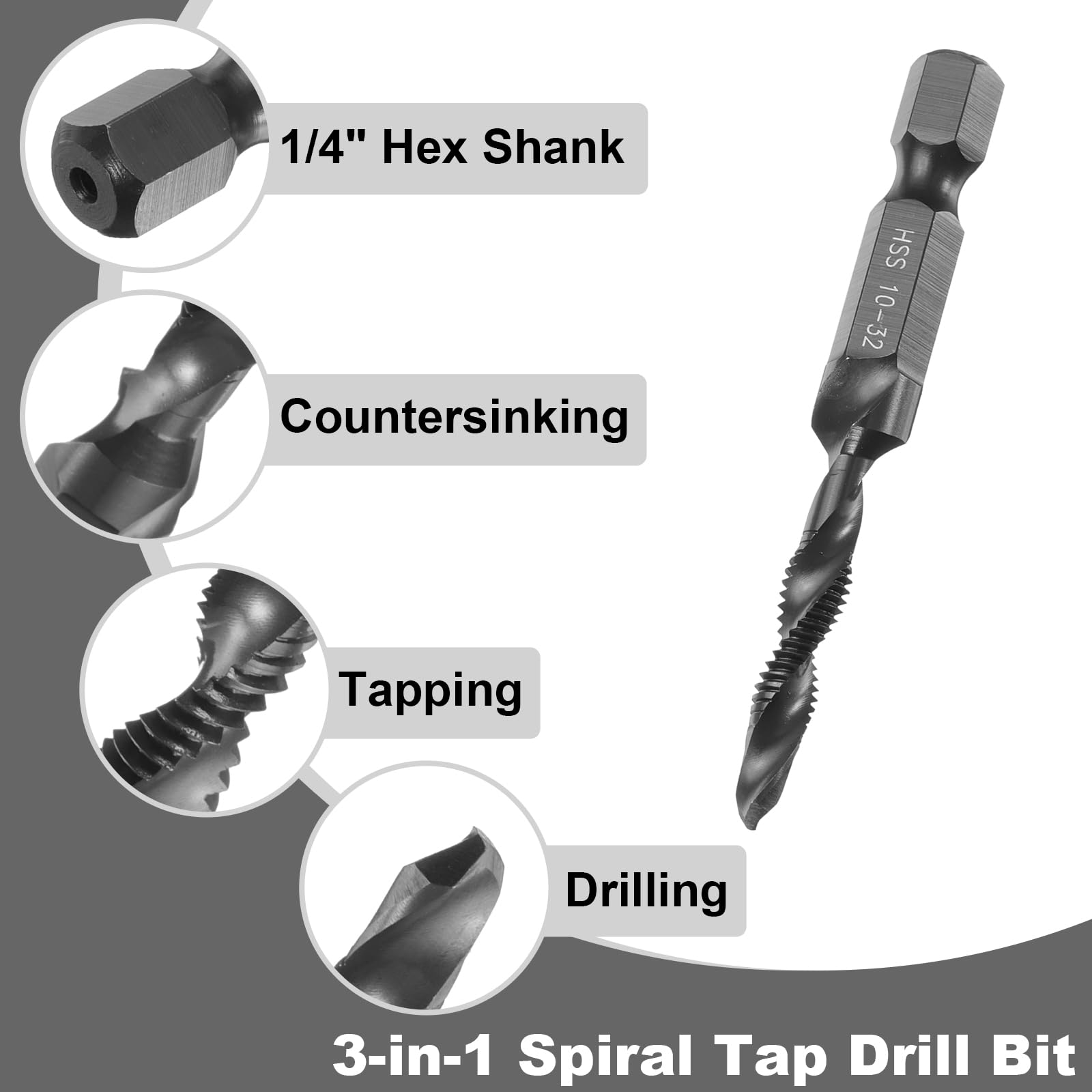 Set di 6 Punte combinate per Trapano e Maschi, Filettatura SAE 6-32NC a 1/4-20NC, Gambo Esagonale da 1/4", Maschi per Filettatura in ossido Nero, Utensili per maschiatura a Spirale, HSS4341