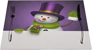 Funny Snowman Winter Dining Table Placemats New Year Christmas Purple Top Hat Greeting Hello Cloth Linen Wipeable Placemats Table Pads Table Protectors Non Slip,Square Set of 4 12*18 Inch