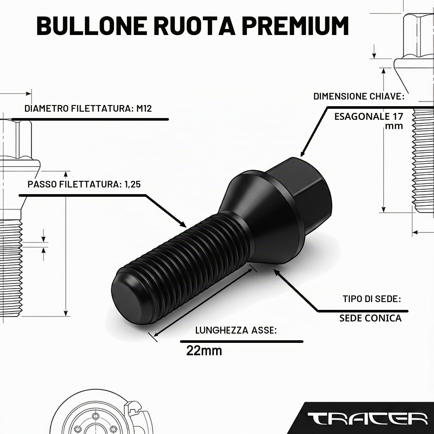 Tracer Viti a testa conica M12 x 1,25 HEX17 22 mm, confezione da 20 pezzi, nero