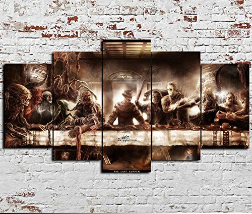 Decoración Arte De Pared 5 Piezas Imprime En Lienzo Personajes De Películas De Terror Última Cena HD Cuadro Estilo Abstractos Moderna Inicio Decoración Lienzos 150×80 Cm,Listo para Colgar(con Marco)