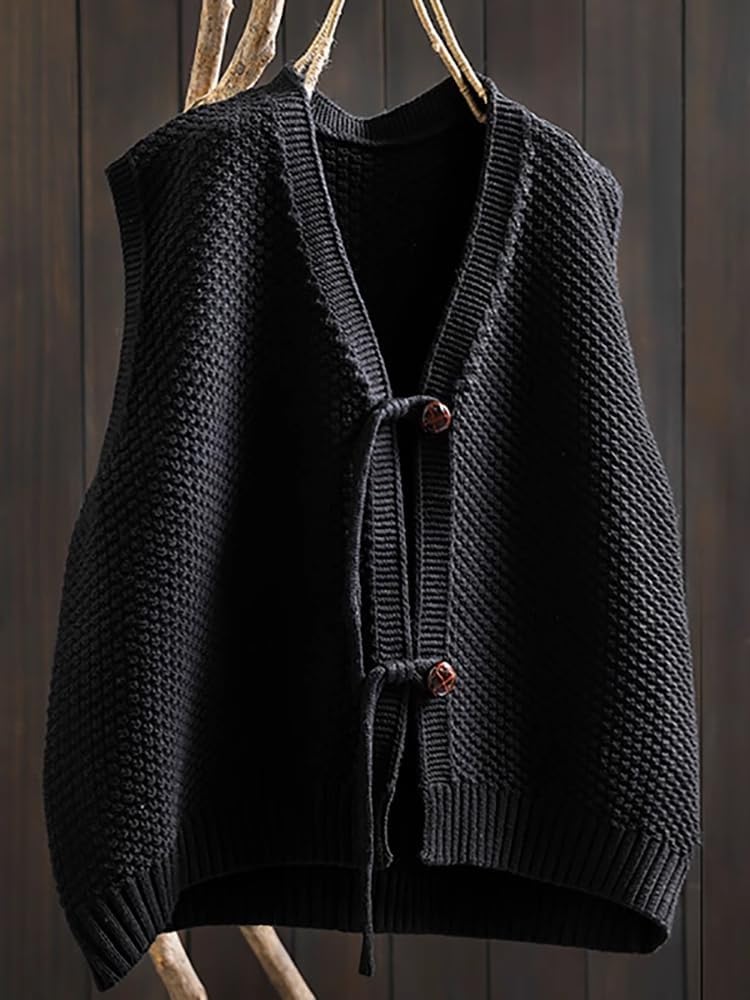 LIXINGHEITANG Spring and Autumn Vneck knitted vest for women layered large size retro waistcoat loose sleeveless sweater