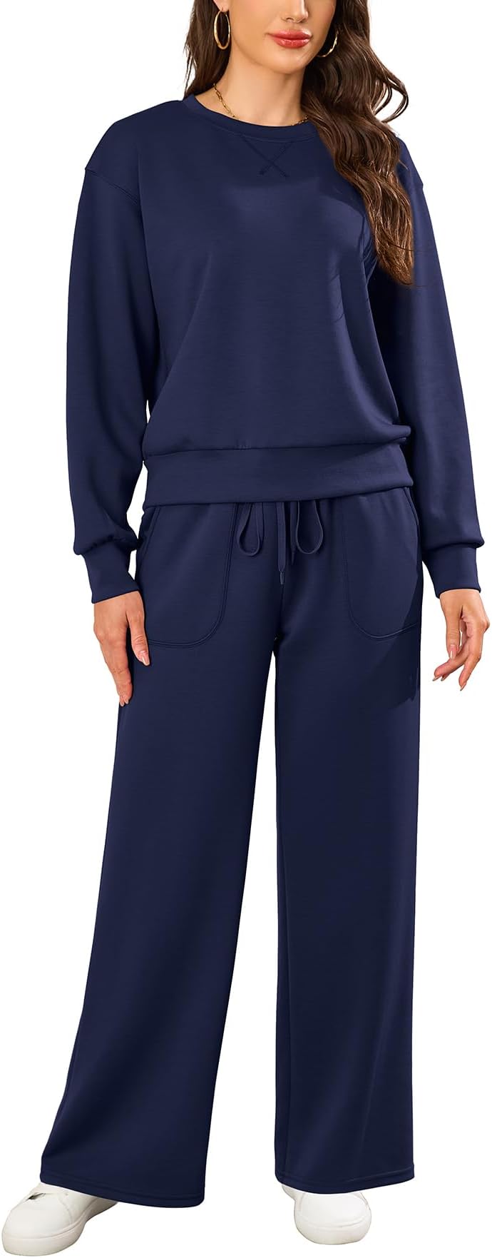 Womens Sweatsuits 2 Piece Sets Crew Neck Long Sleeve Pullover Top and Wide Leg Pants Sweatsuit Lounge Sets 2025 S-XXL