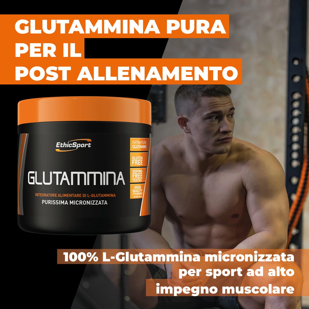 Glutammina EthicSport – 100% L-Glutammina pura micronizzata - Polvere solubile per post allenamento e sport ad alto impegno muscolare – 300g – 5g per dose – Gluten free, vegan, doping free tested*