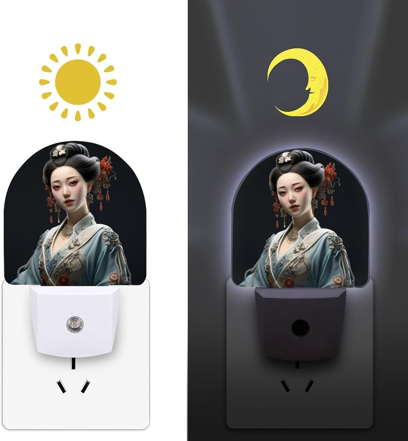 Smart LED Sensor Night Light Energy Saving Plug in Night Lights Asian Classical Woman Printed Night Lights Plug Into Wall with Auto Dusk to Dawn Sensor image 3