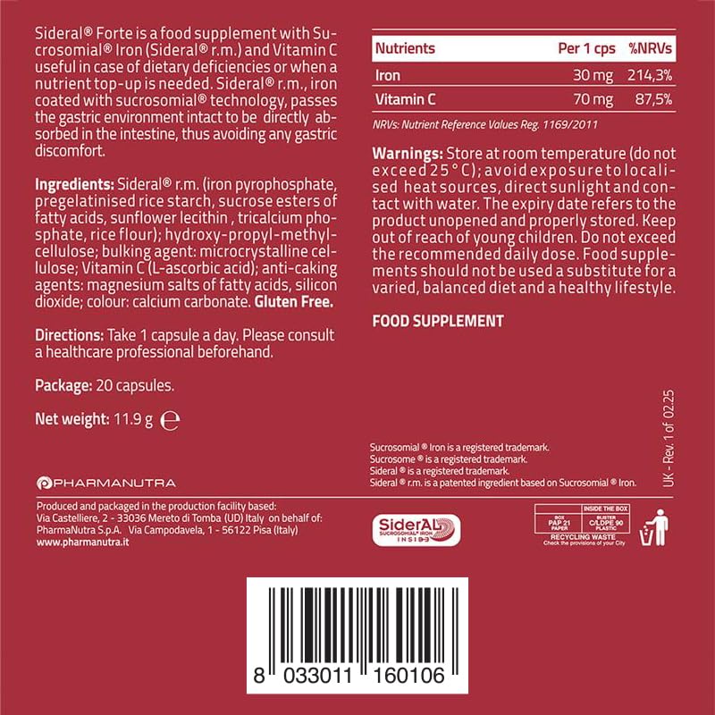 Sideral Forte 20 Capsules - Sucrosomial Iron plus Vitamin C Food Supplement for Adults to Support Normal Red Blood Cell Formation, Oxygen Transport and Reduced Tiredness