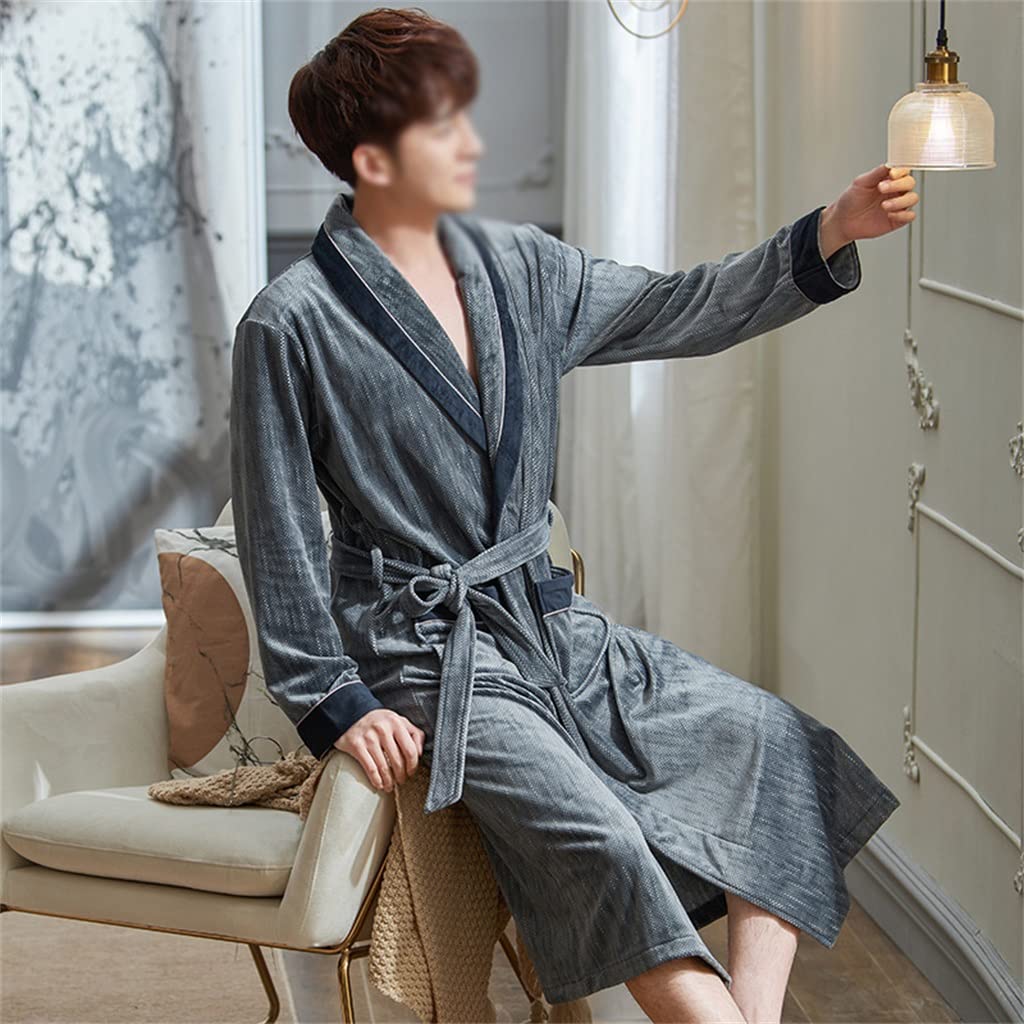 Bathrobe Flannel Man Bathrobe for Home Lengthen Warm Robe Kimono Nightgown Dressing Gown(XL code)