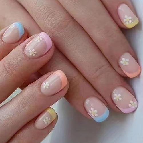 Square Press on Nails Short Fake Nails French Acrylic Full Cover False Nails for Women and Girls 24PCS (Multicolour French)