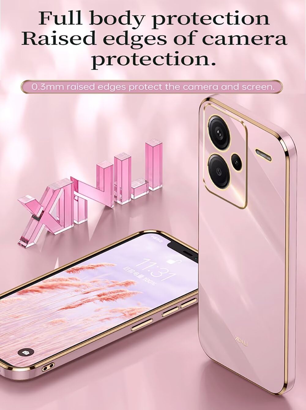 JIAFEI Custodia Per Realme 13 Pro 5G E 13 Pro Plus 5G, Cover In Silicone TPU Con Bordi Dorati, Elegante E Antiurto (Rosa) - 4