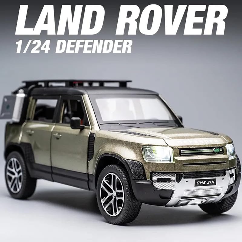 Image of PINQUE Kids New Car ‎1:24 Land Rover Defender Diecast Alloy Metal Pull Back Car with Openable Doors Music Sound and Light Vehicle Toy Car for Boys (Olive)