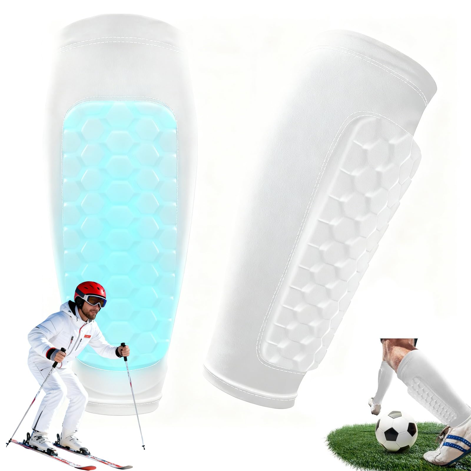 Schienbeinschoner Kinder Fussball Pro Schienbeinschoner Skifahren für Ski Fußball, Skisocken mit Schienbeinschutz Atmungsaktiv & rutschfest, 360° Stabilität SkiGuard Weiß (72g/1 Paar)