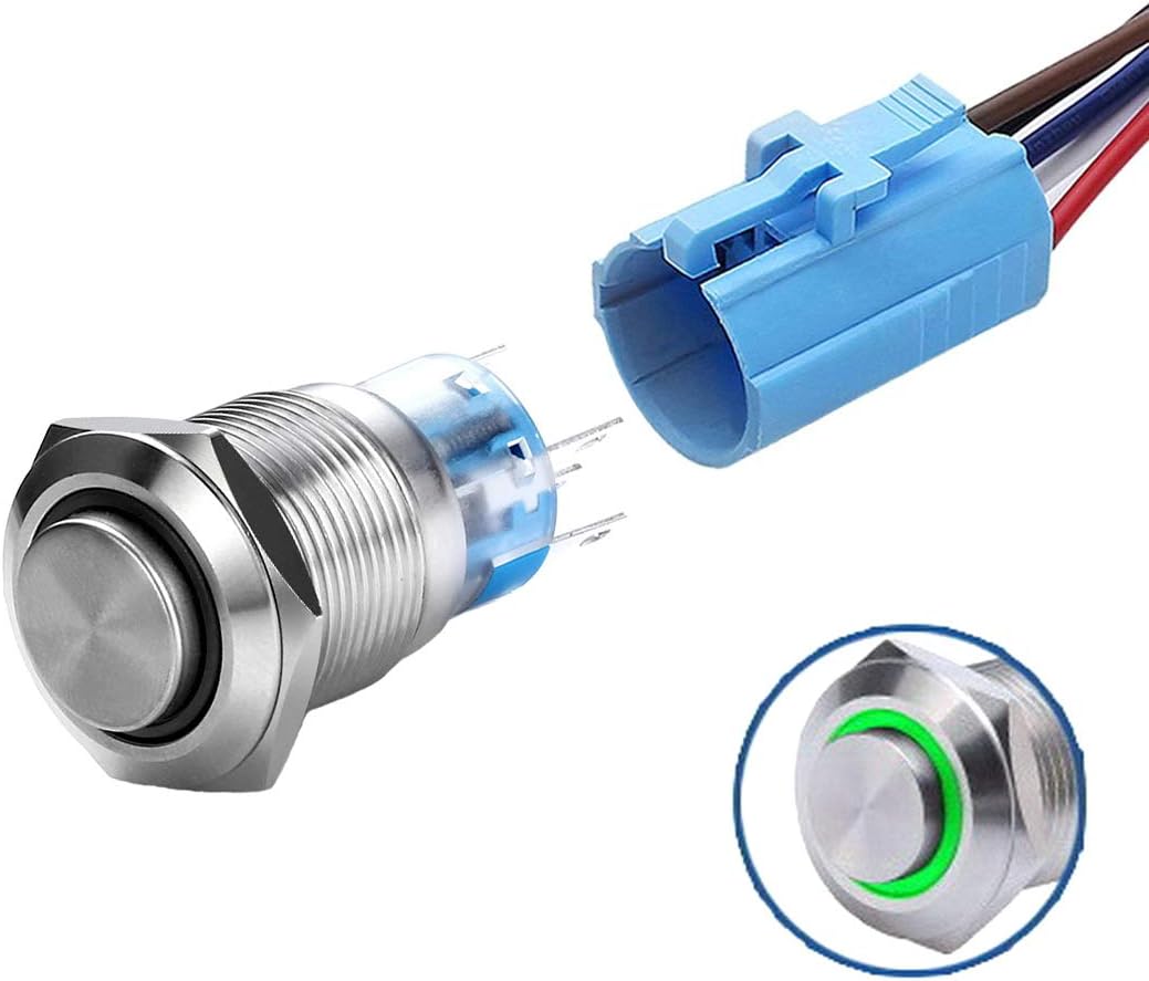 WerFamily High Round Cap Ring 12V Green LED 19mm Momentary Push Button Switch 1NO 1NC SPDT ON/OFF Waterproof Stainless Steel Metal with Wire Socket Plug
