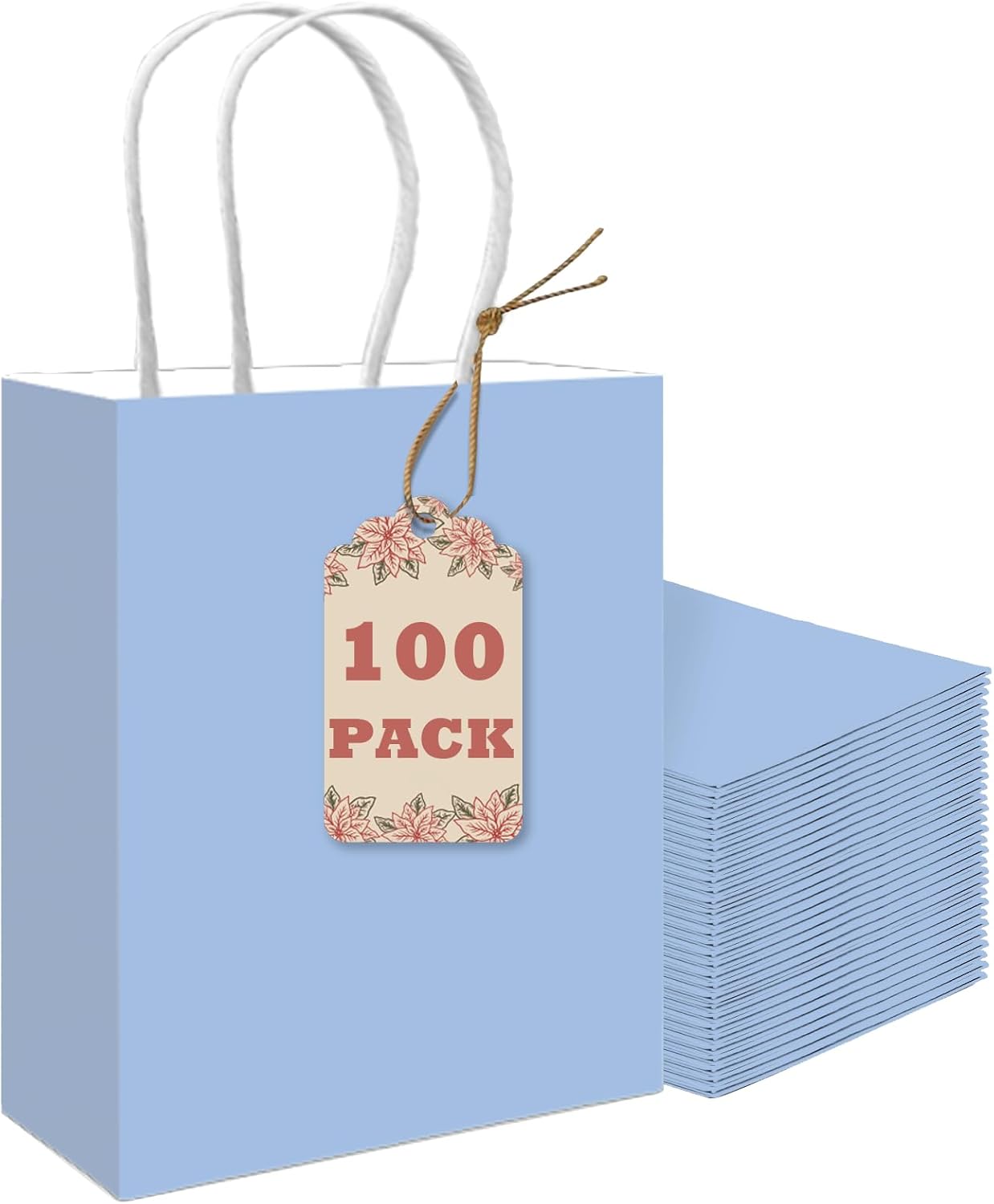qiqee 100PCS Gift Bag with Handles Bulk Light Blue Paper Bags Multiple Uses (8.3"x3"x6"inch Small Size)
