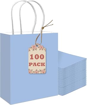 qiqee 100PCS Gift Bag with Handles Bulk Light Blue Paper Bags Multiple Uses 8.3"x3"x6"inch Small Size