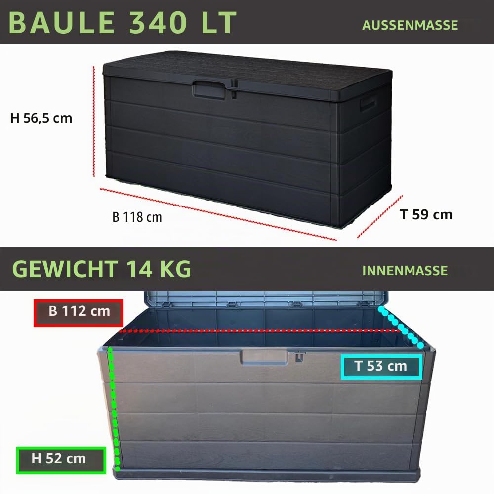 Maury's Aufbewahrungsbox für den Garten, 340 Liter, Holzoptik, Aufbewahrungsbox aus Kunstharz, Anthrazit, Maße 118 x 59 x 57 cm, für den Außenbereich und Innenbereich, UV-beständig