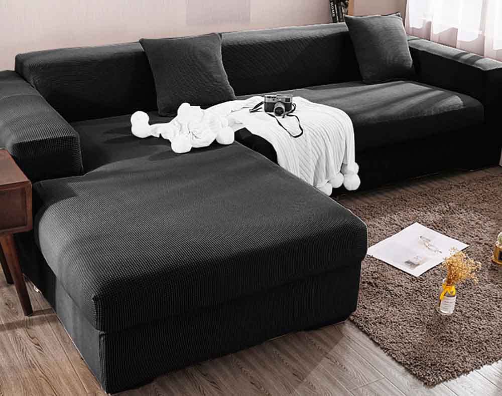 Housse de canapé en élasthanne noir extensible avec base élastique intégrée