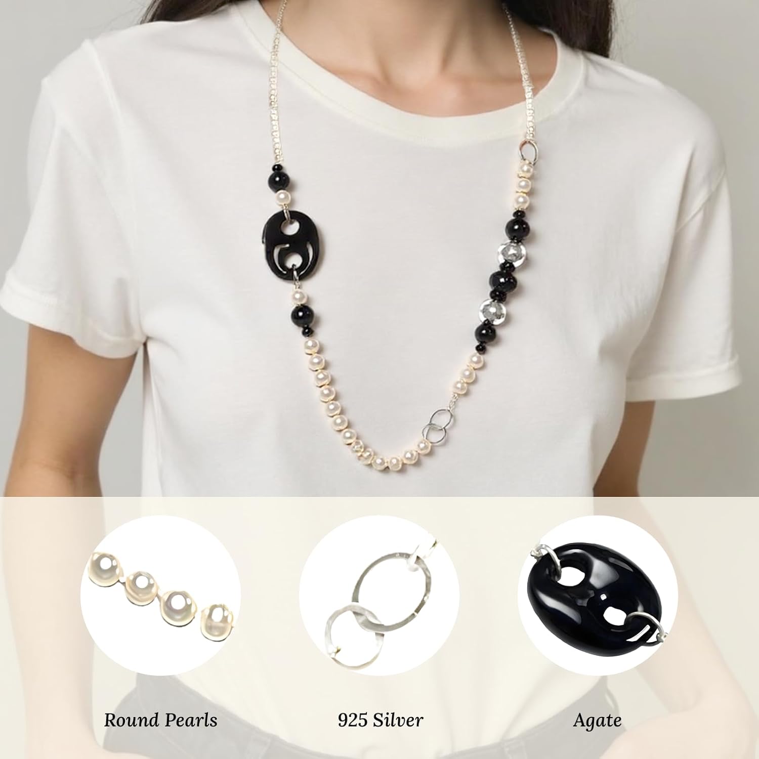 Handmade black agate and classic white freshwater pearl necklace. Textured silver loops and beads. 30" strand. Mothers Day - Gift for Mother, Wife, Anniversary Luxury Jewelry Gift