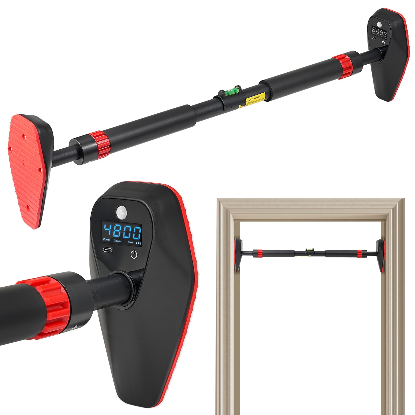 BoxactionsS Adjustable Smart Pull Up Bar for Doorway,Installation Reminder,No Screw,Count/Timer/Calorie Tracker at Home Gym
